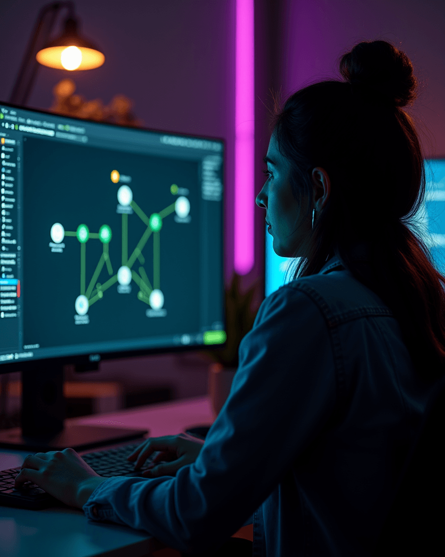 Marketer revisando diagrama de flujo y dashboard