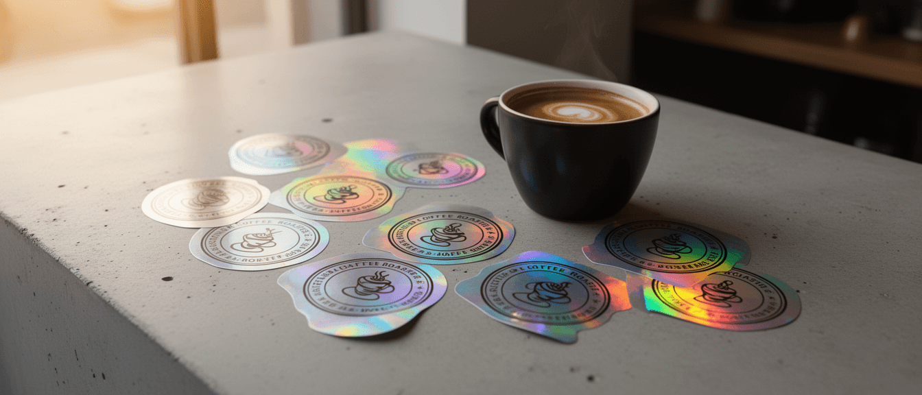 Stickers die-cut holográficos sobre un laptop