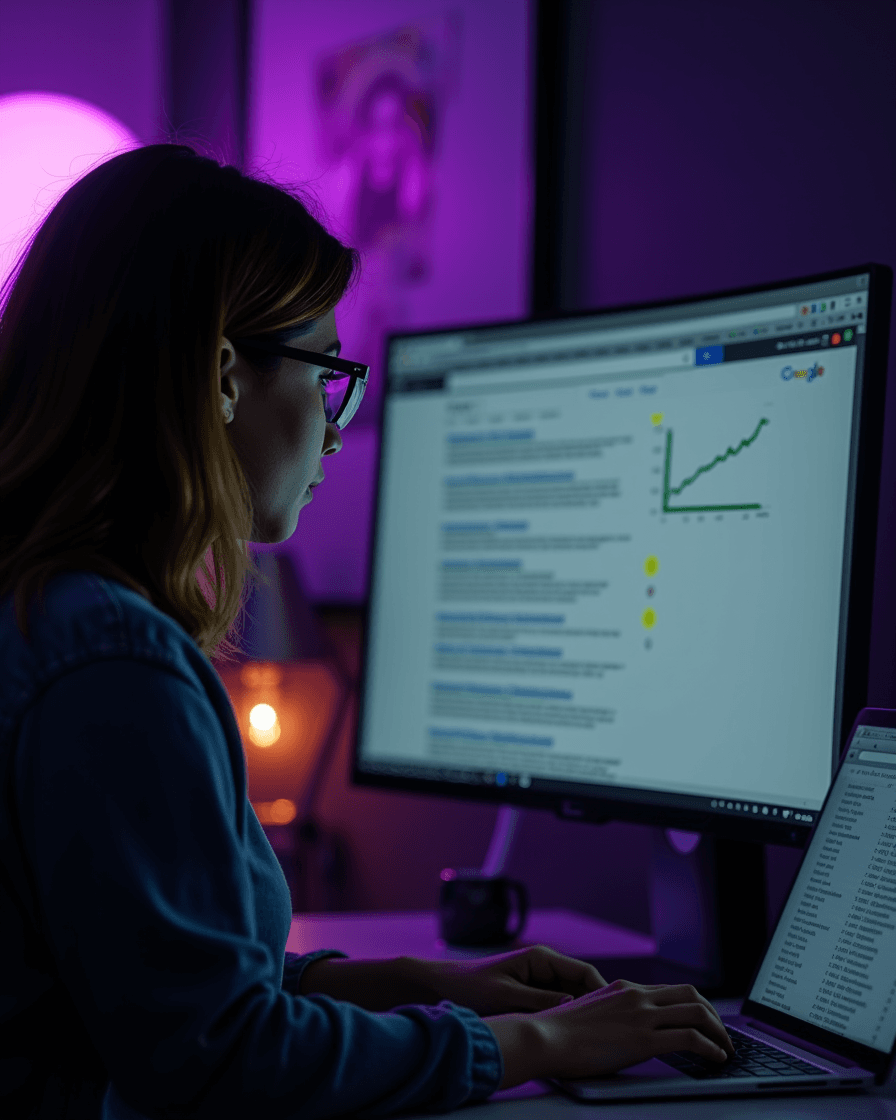 Redactora revisando un dashboard de rankings en SERP
